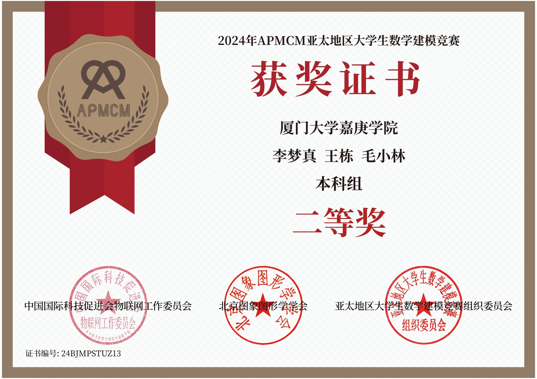 MCM/ICM Asia-Pacific Mathematical Modeling Competition second-prize certificate